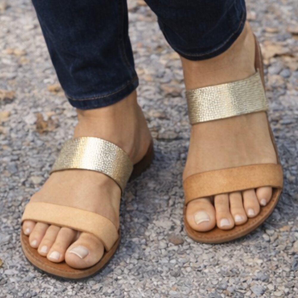J.Crew Metallic Gold Tan Two Strap Flat Slide Sandals Women’s Size 7 Minimalist